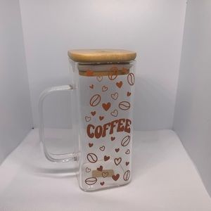 Square cup with handle, bamboo lid, and straw